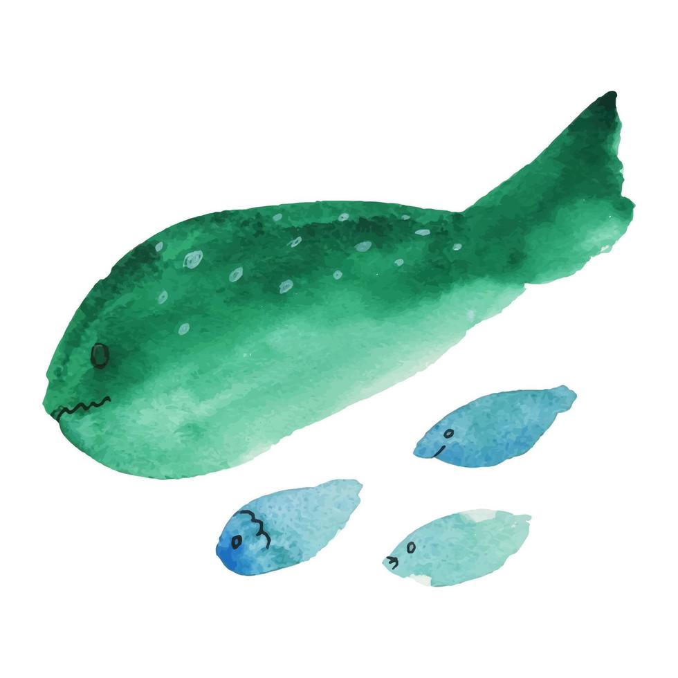 ballena verde y peces. dibujos animados de fauna oceánica ilustración náutica estilo marino para el logotipo o la decoración de la tarjeta de felicitación vector