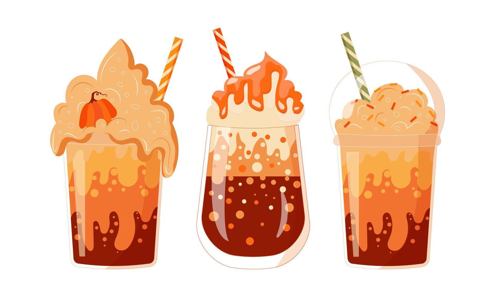 Set of Pumpkin spice latte, Autumn food and drinks. Vector illustration.