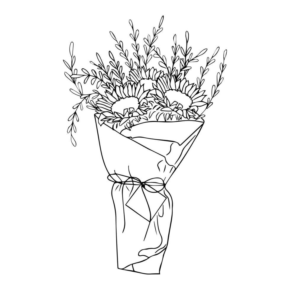 Bouquet. Hand-drawn vector line-art illustration. One Line style drawing. Vector ESP10