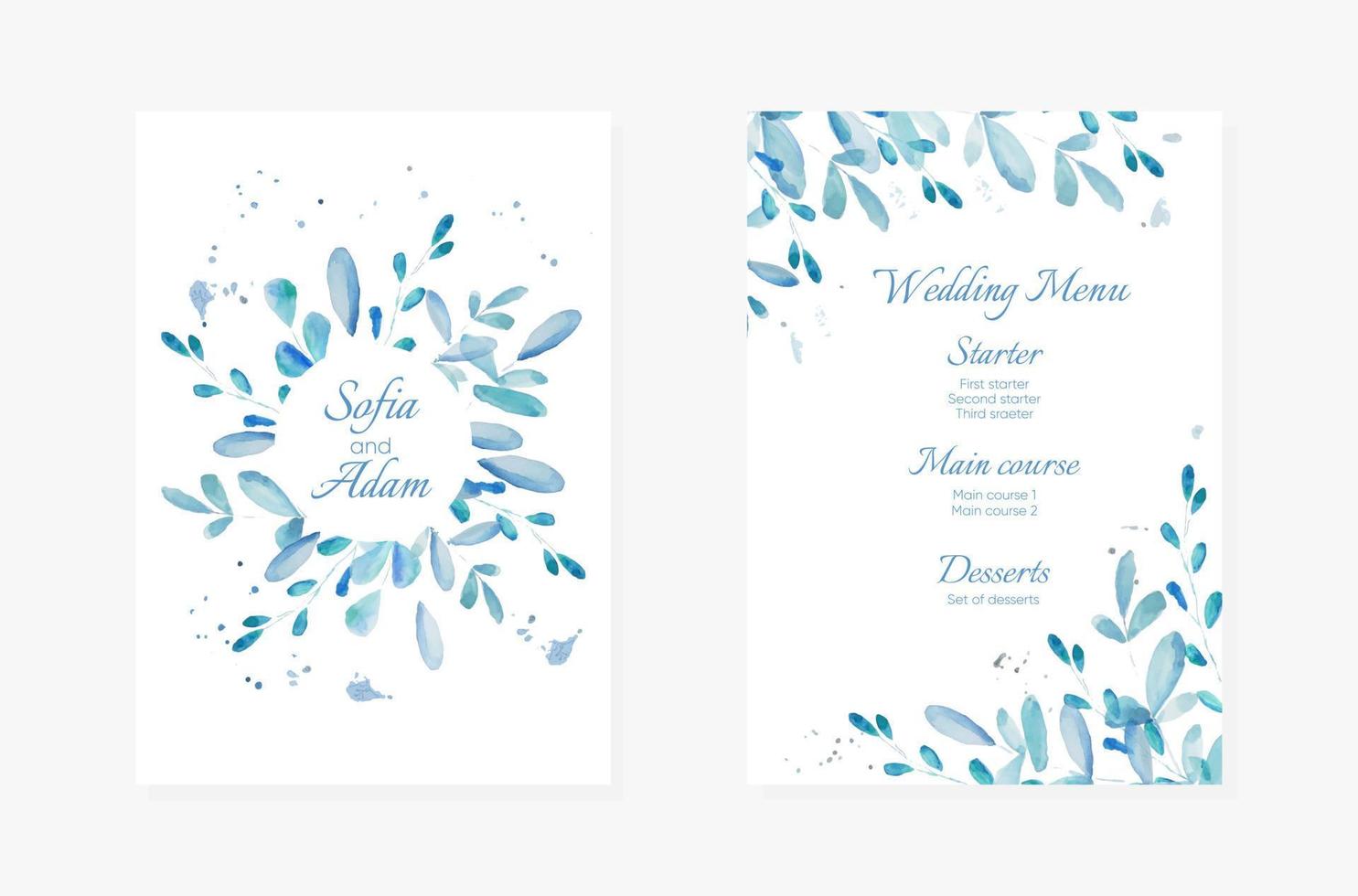 Wedding Invitation cards blue Watercolor style collection design, invitation and menu template. Invite Vector. vector