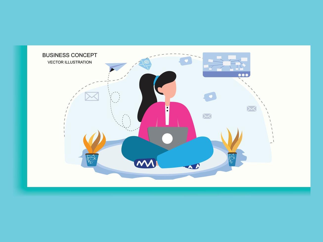 Yong woman sitting cross-legged and working ladder to success and progress, Vector illustration in flat design style with business concept.