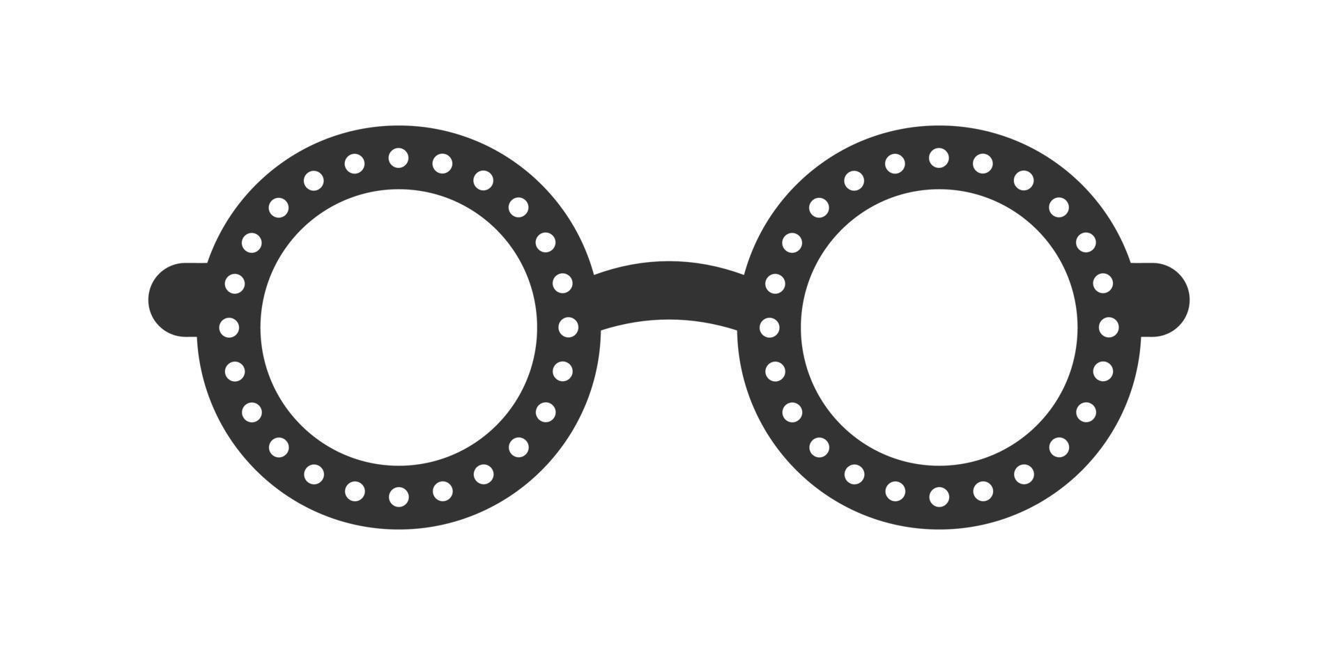 Round transparent circle eyeglasses frame with white dot pattern outline line art silhouette clipart. Funky party glasses eye wear cartoon vector illustration.