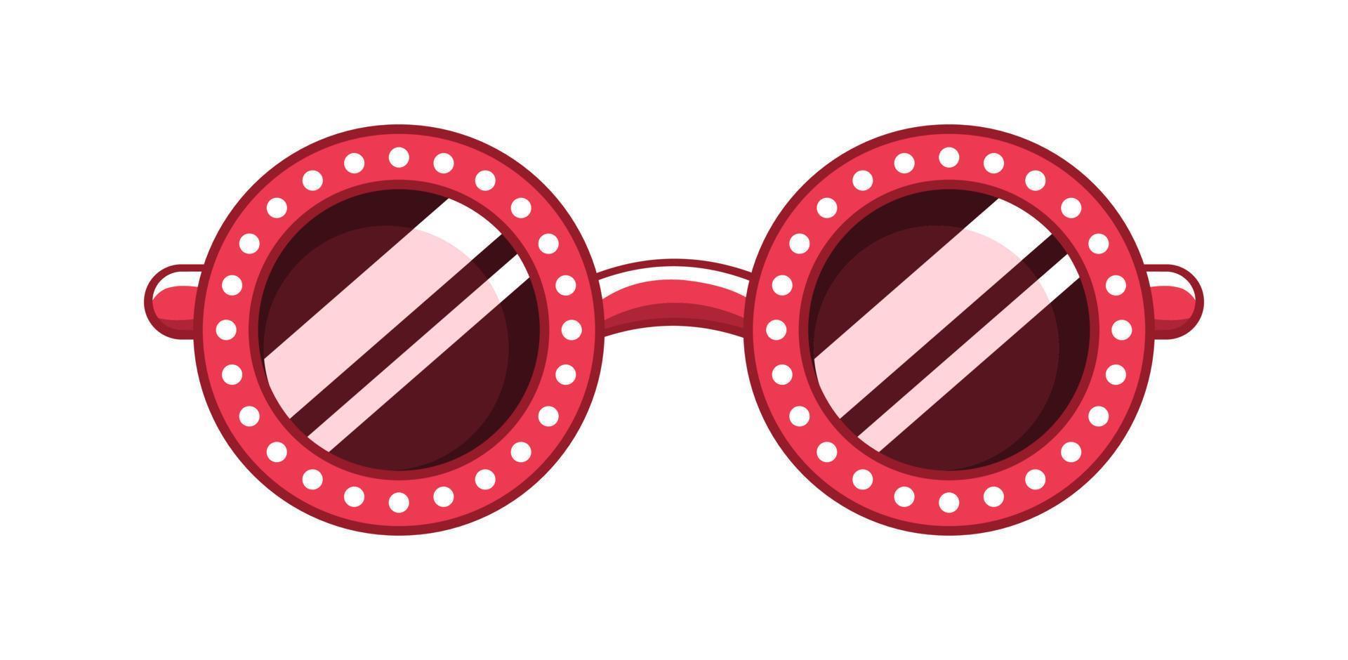 gafas de sol redondas rojas con imágenes prediseñadas de patrón de puntos blancos. Ilustración de vector de dibujos animados de anteojos de fiesta funky.