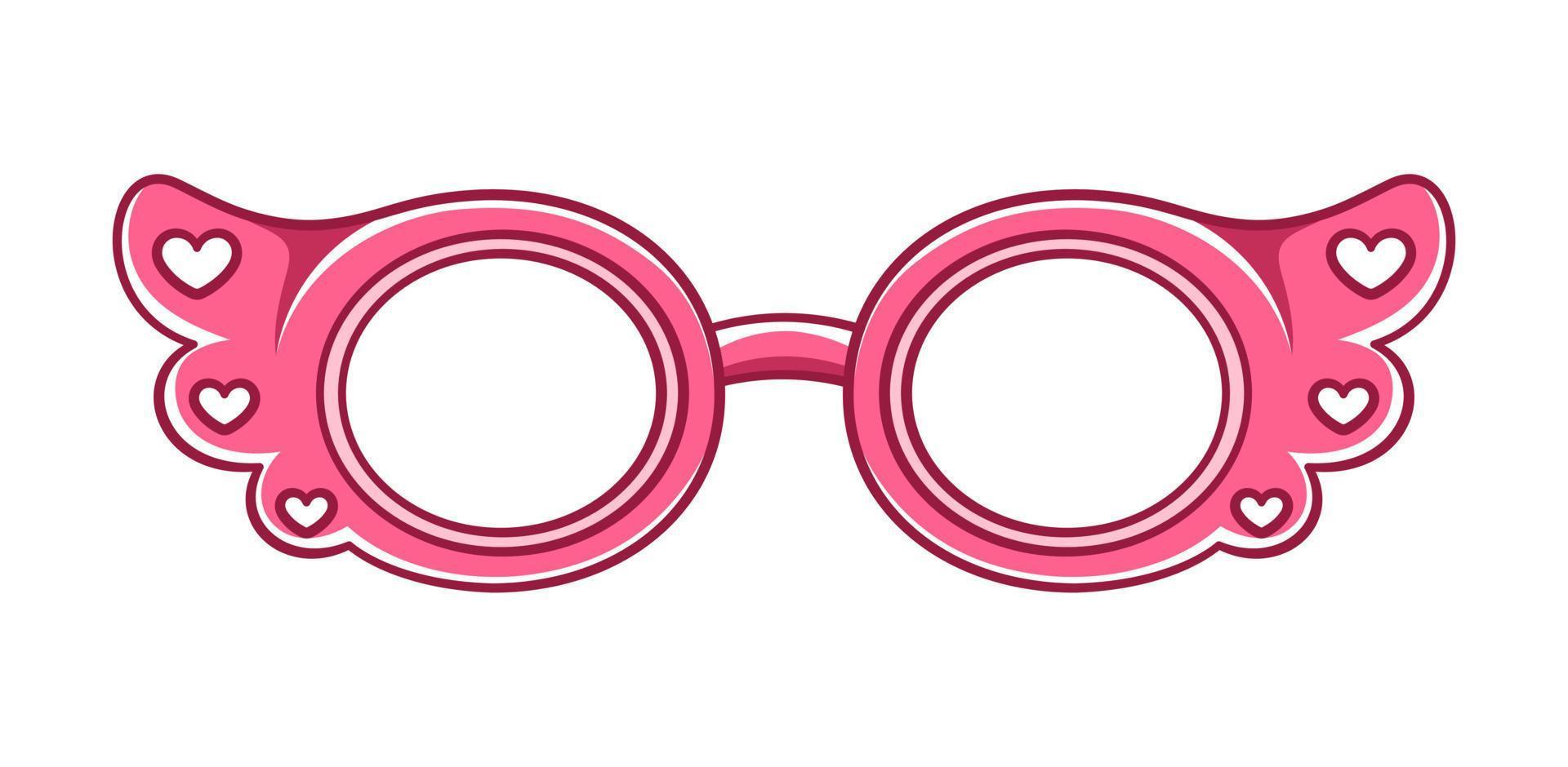 marco de gafas de color rosa fuerte con imágenes prediseñadas de patrón de corazón. Ilustración de vector de dibujos animados de anteojos de fiesta funky.