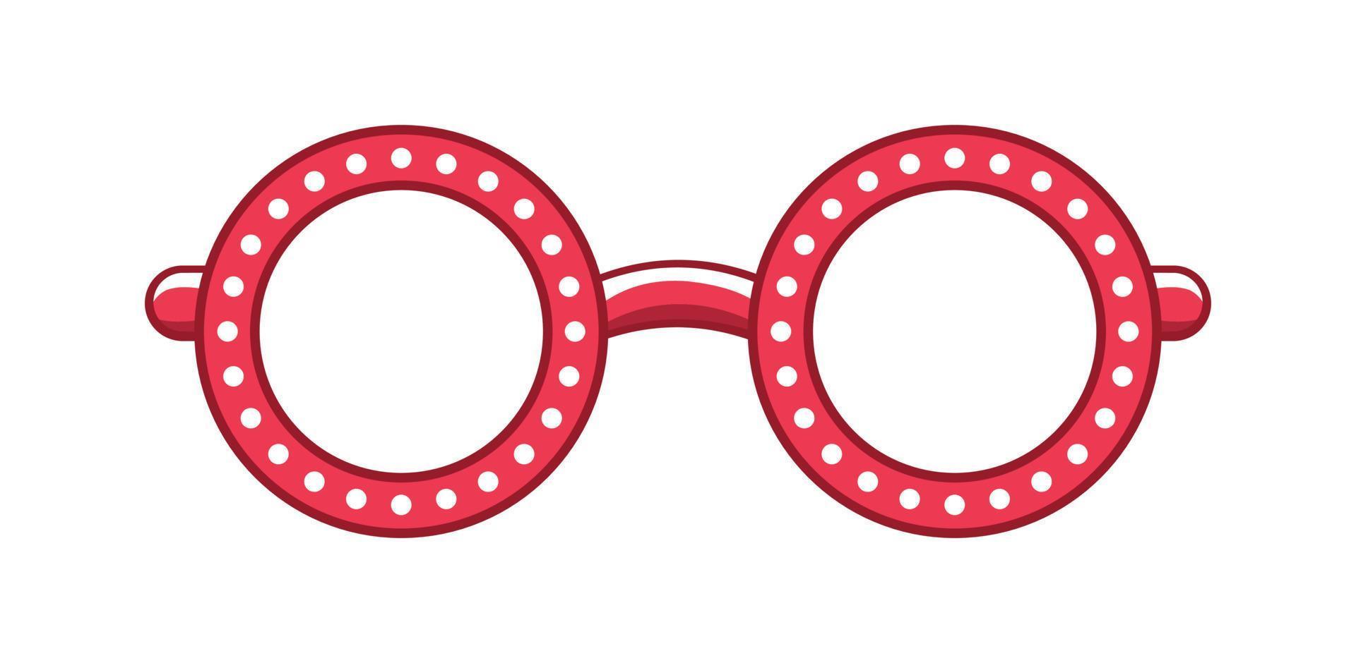 Red round transparent eyeglasses frame with white dot pattern clipart. Funky party glasses eyewear cartoon vector illustration.