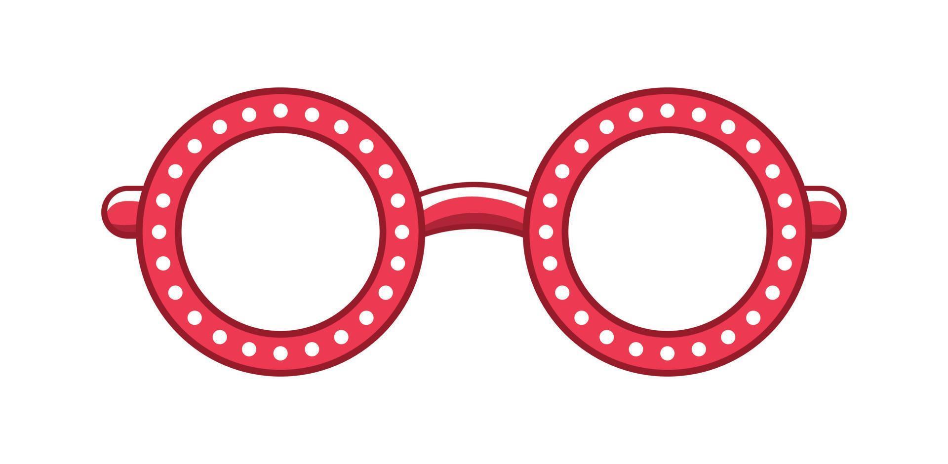 Red round transparent eyeglasses frame with white dot pattern clipart. Funky party glasses eyewear cartoon vector illustration.