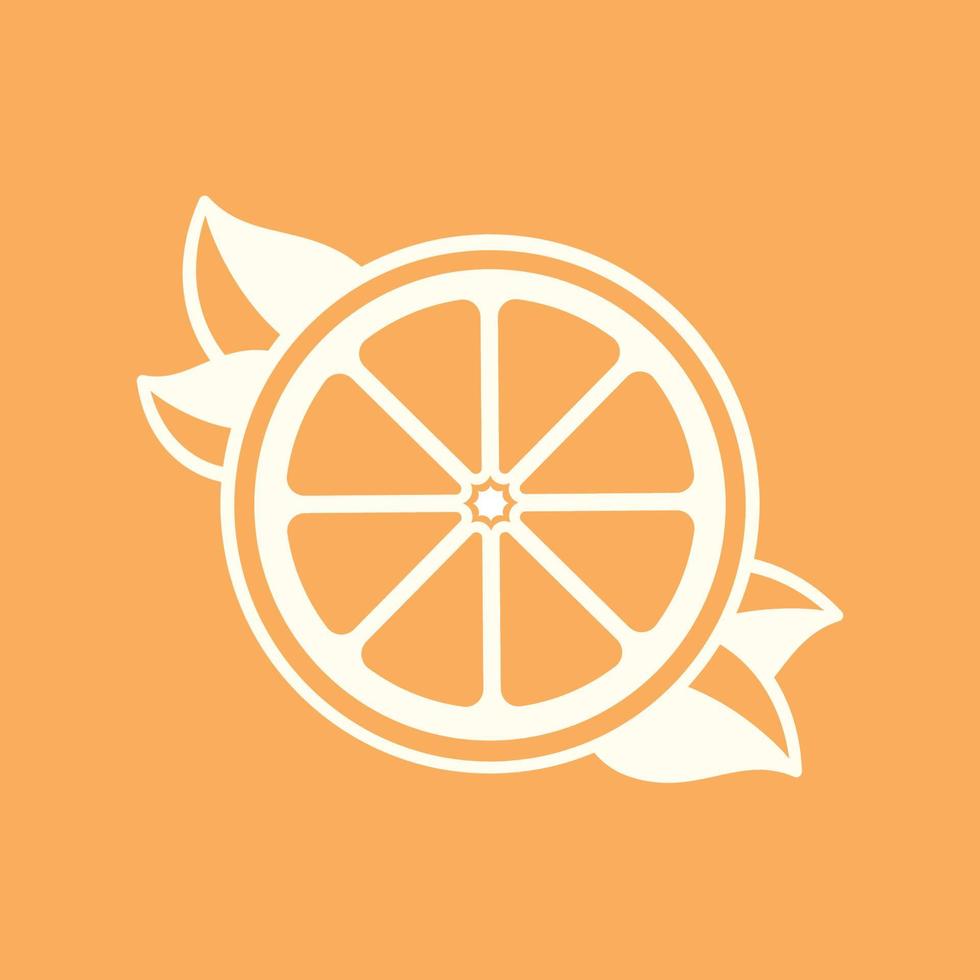White half slice citrus fruit with leaves outline silhouette on orange background. Simple flat modern clip art logo icon element vector illustration design.