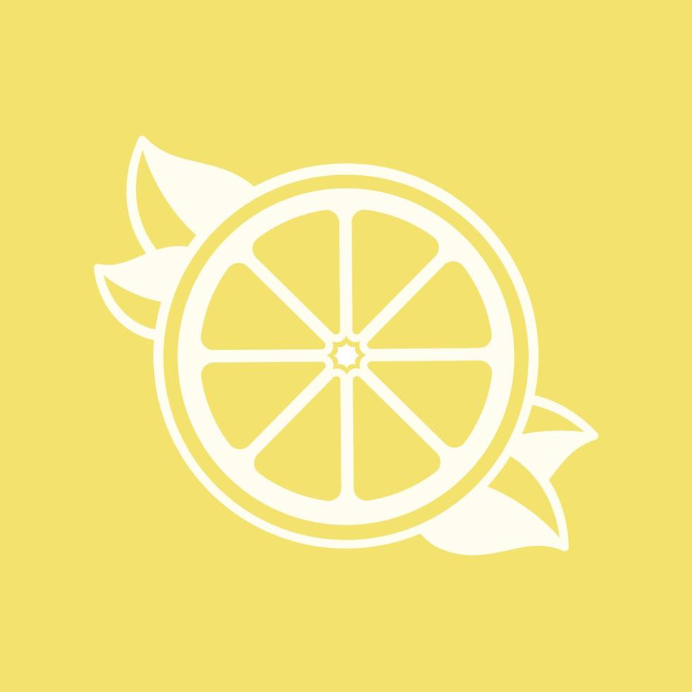 White half slice citrus fruit with leaves outline silhouette on yellow background. Simple flat modern clip art logo icon element vector illustration design.