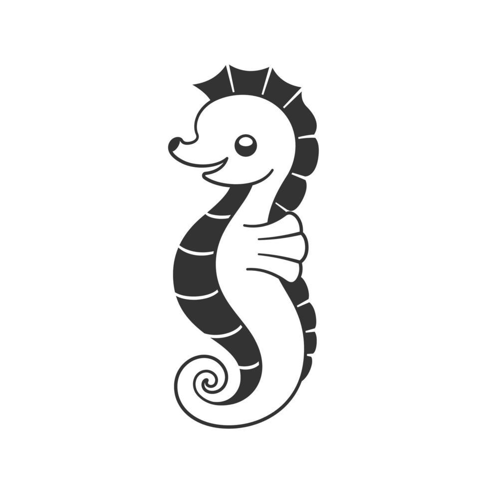 Cute happy seahorse cartoon character. Black and white clip art vector illustration of ocean sea creatures and underwater animals for kids.