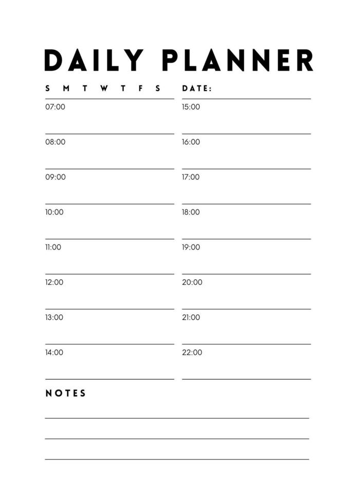 Daily Planner Simple Minimal Template. Undated Organizer and Schedule with place for Notes. vector