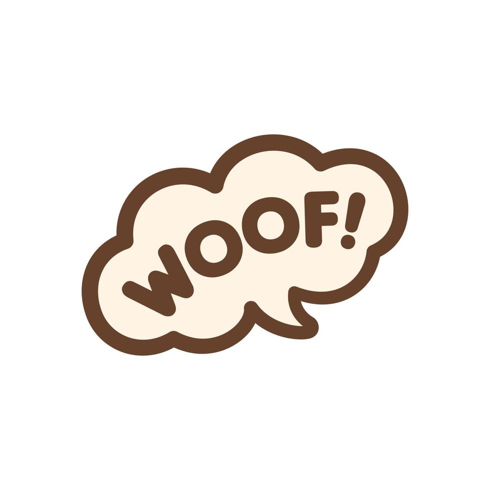 Woof text in a speech bubble balloon sticker design. Cartoon comics dog bark sound effect and lettering. Simple flat vector illustration on brown background.