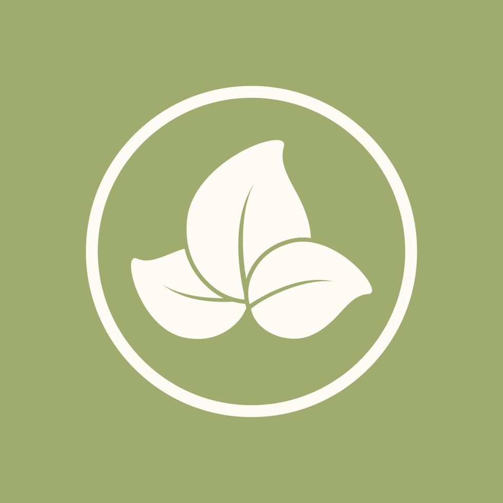 3 leaves in a circle logo icon isolated element on a green background. Simple flat clip art vector graphic design. Sign or symbol for nature, plants, eco friendly products, vegetarian food menu, etc.