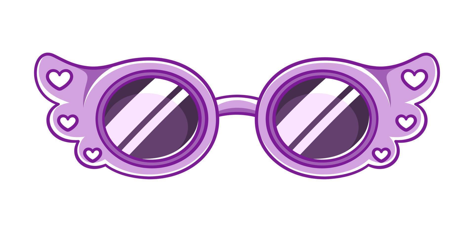 Gafas de sol de tonos púrpura lavanda con imágenes prediseñadas de patrón de corazón. Ilustración de vector de dibujos animados de anteojos de fiesta funky.