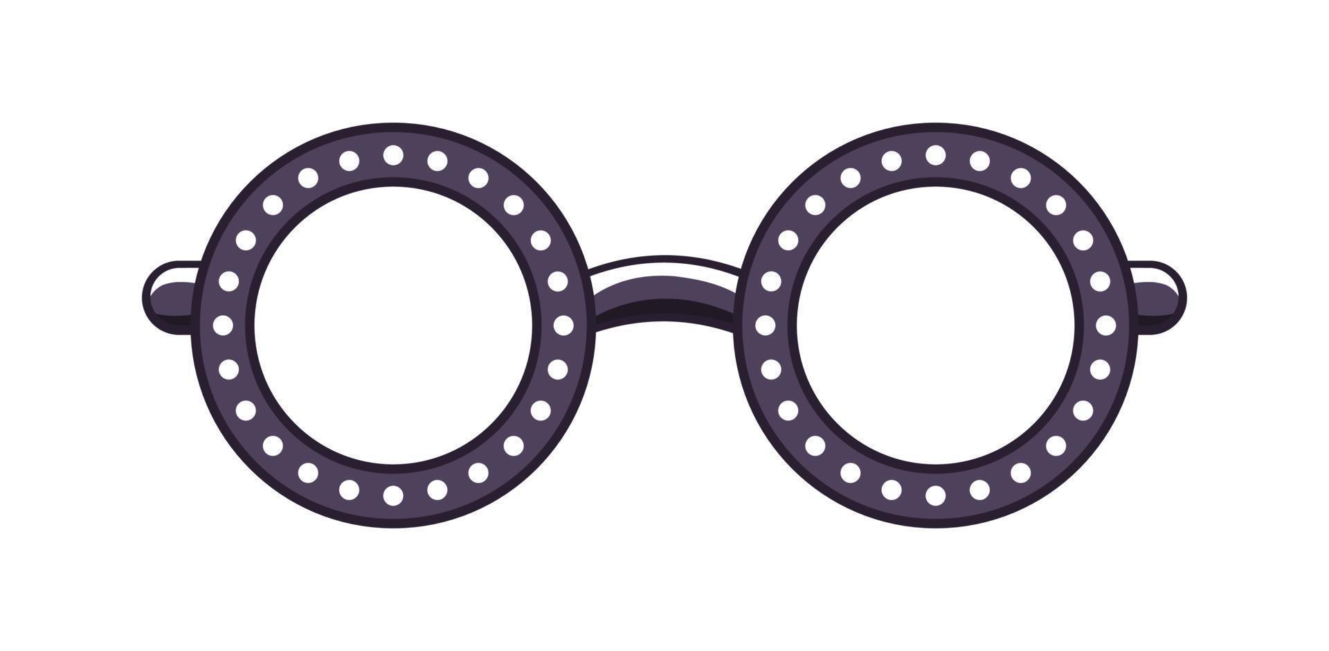 Black round transparent eyeglasses frame with white dot pattern clipart. Funky party glasses eyewear cartoon vector illustration.
