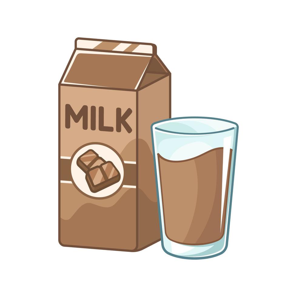 vaso alto de leche con chocolate y caja de cartón de leche clipart. lindo diseño de ilustración de vector plano simple. impresión de bebida láctea de yogur con sabor a chocolate, pegatina, elemento infográfico, etc.