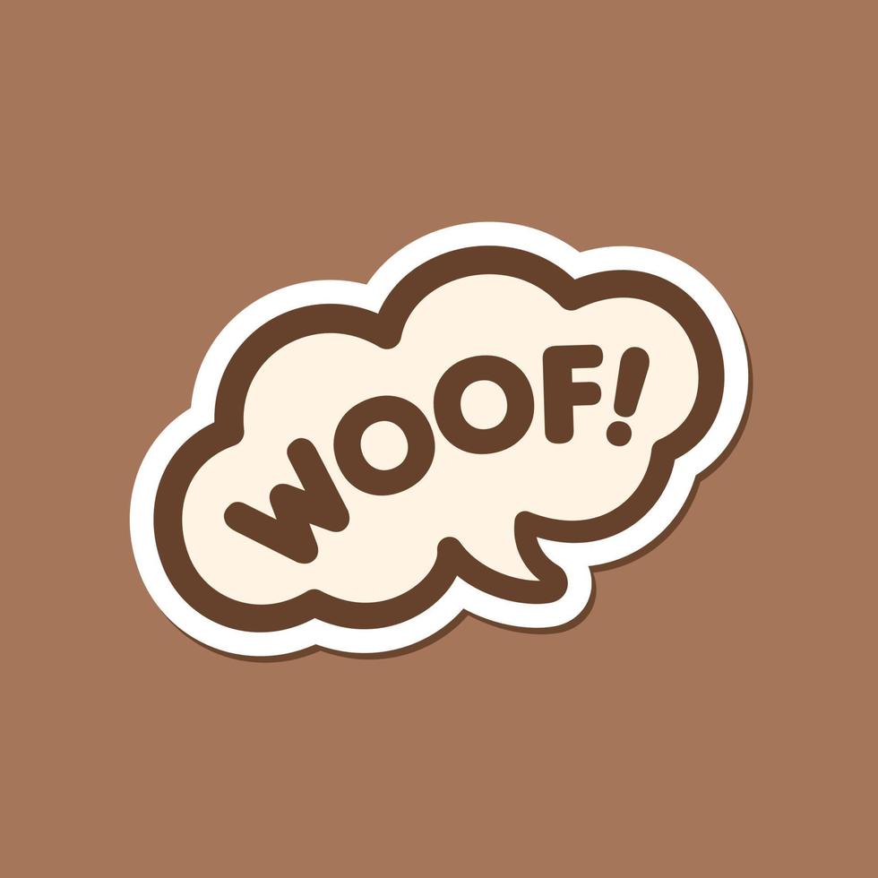 Woof text in a speech bubble balloon sticker design. Cartoon comics dog bark sound effect and lettering. Simple flat vector illustration on brown background.
