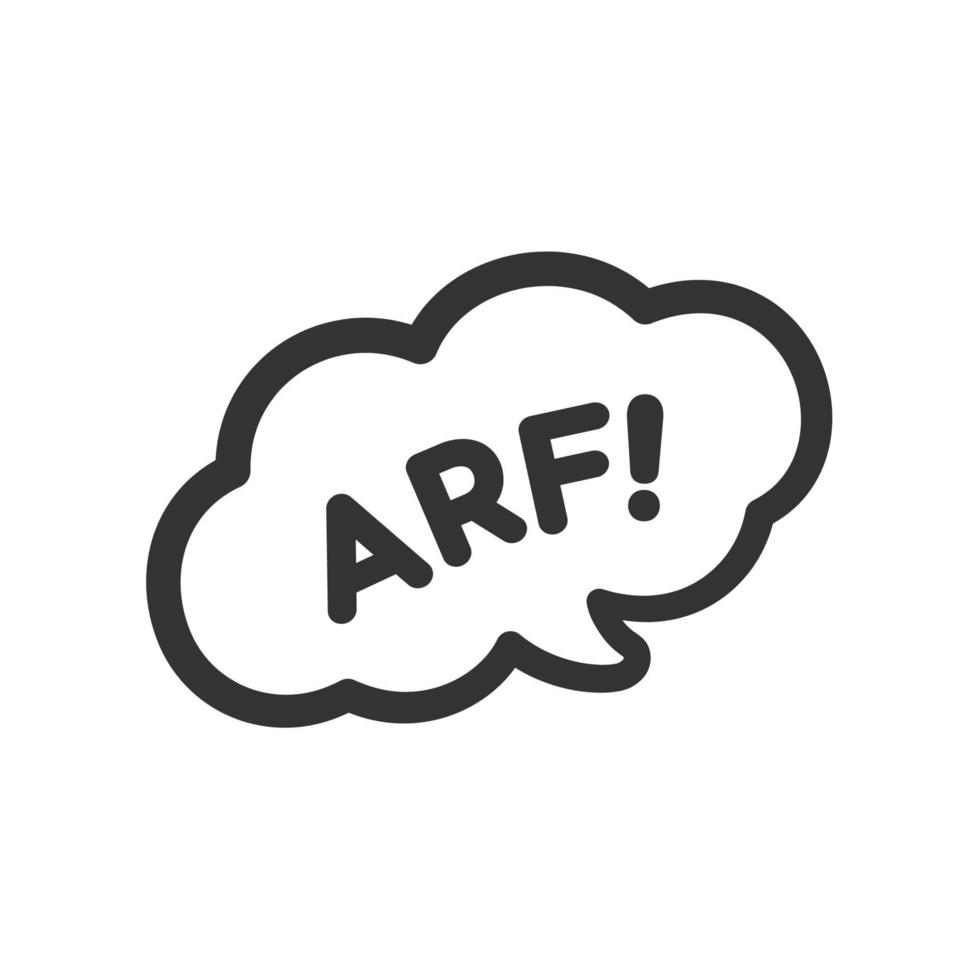 Arf text in a speech bubble balloon clipart. Cartoon comics dog animal bark sound effect and lettering. Simple black and white outline flat vector illustration design on white background.