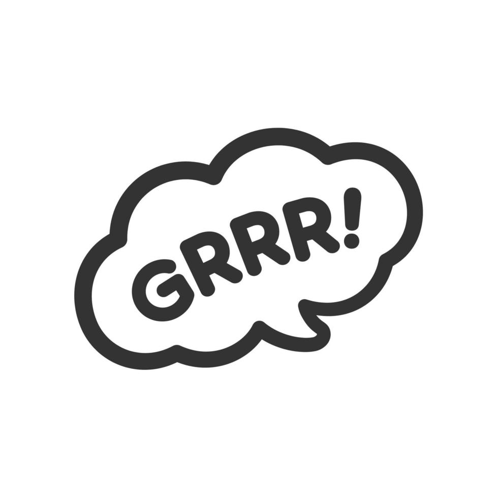 Grrr text in a speech bubble balloon clipart. Cartoon comics angry dog animal bark sound effect and lettering. Simple black and white outline flat vector illustration design on white background.