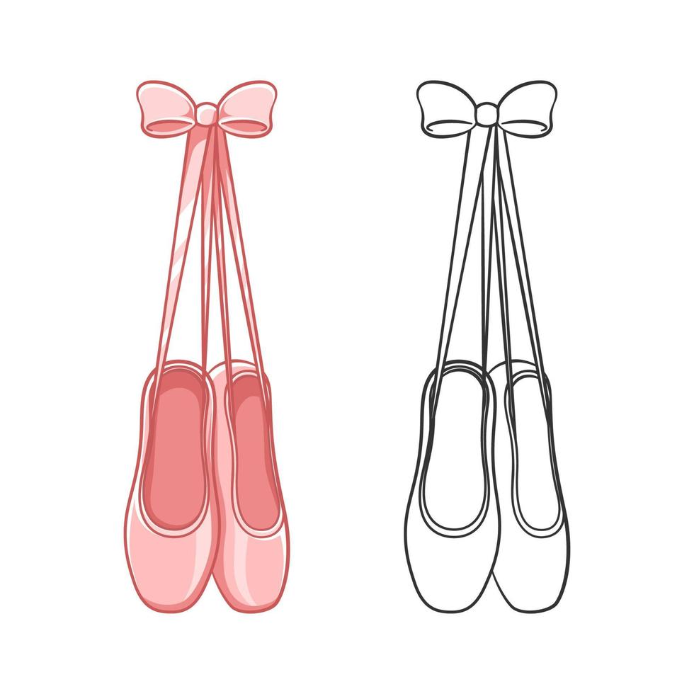 Hanging pink Pointe shoes clipart, ballet shoes tied up with a bow simple flat vector illustration. Ballerina, ballet dancer footwear equipment sign symbol.