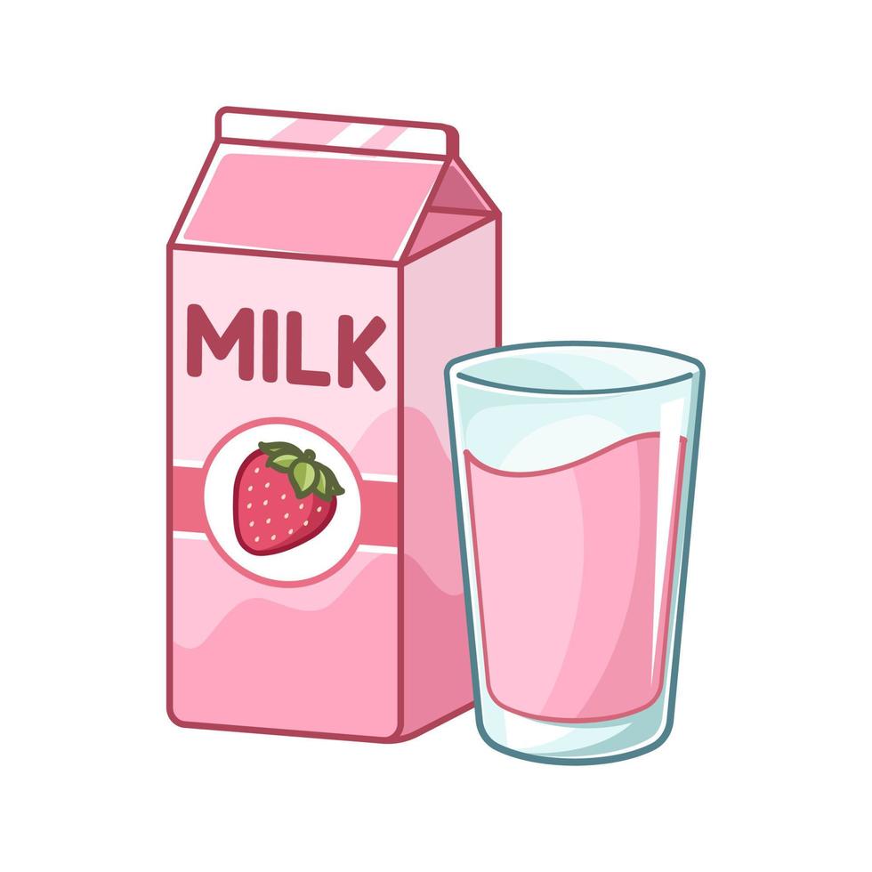 Tall glass of strawberry milk and milk carton box clipart. Cute simple flat vector illustration design. Strawberry fruit flavor yogurt dairy drink print, sticker, infographic element etc.