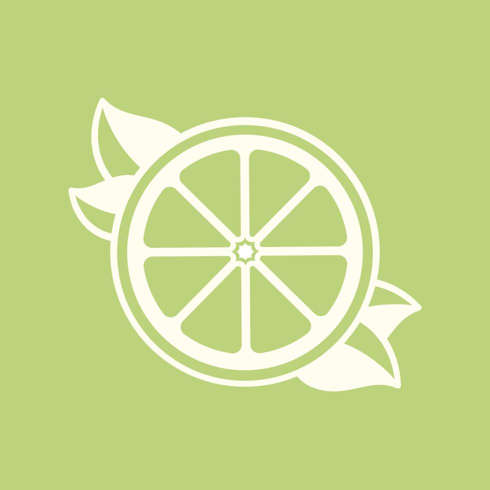 media rebanada de cítricos blancos con silueta de contorno de hojas sobre fondo verde. Diseño de ilustración de vector de elemento de icono de logotipo de arte de clip plano moderno simple.