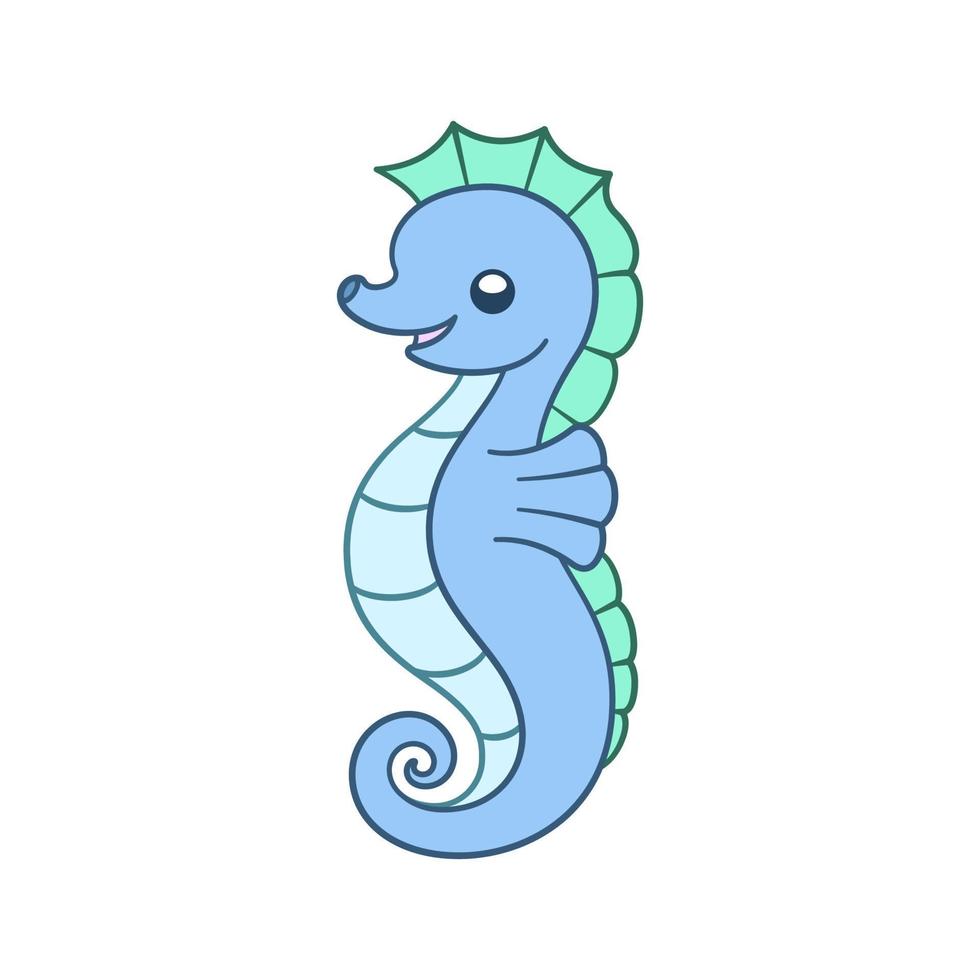 lindo personaje de dibujos animados de caballito de mar feliz azul y verde menta. ilustración vectorial de imágenes prediseñadas de criaturas oceánicas y animales submarinos para niños. vector