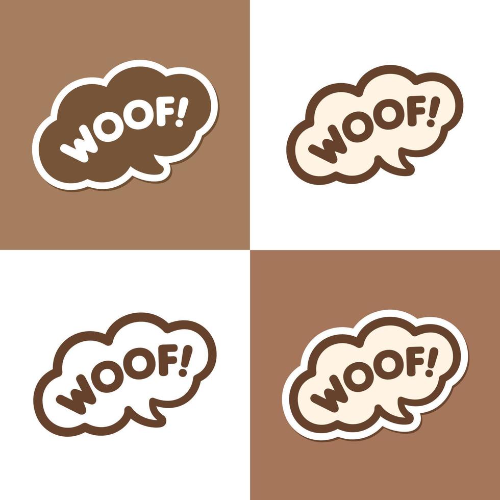 Woof text in a speech bubble balloon design set. Cartoon comics dog bark sound effect and lettering. Simple flat vector illustration on white or brown background.