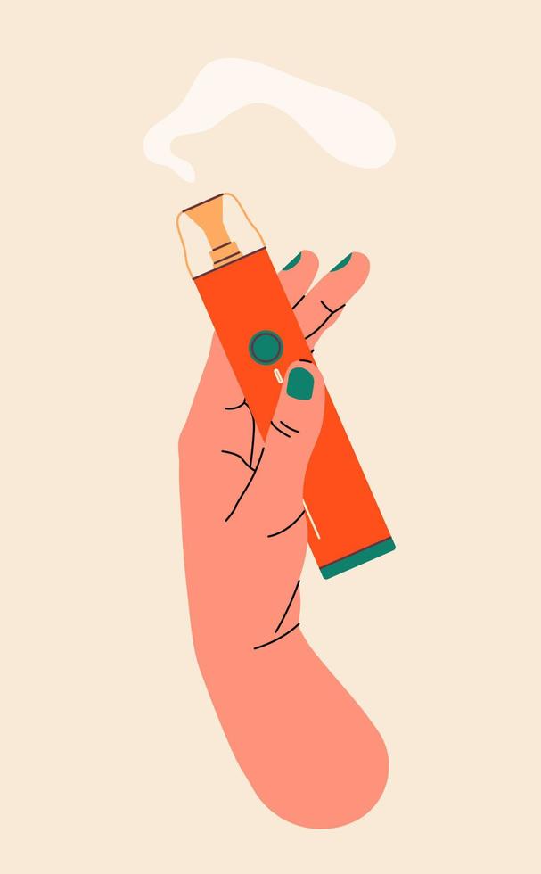 Hand holding vape, colorful illustration. Electronic cigarettes and vape concept. Modern vector illustration. Variety of designs vape pens and pod mods. Flat vector design for web.