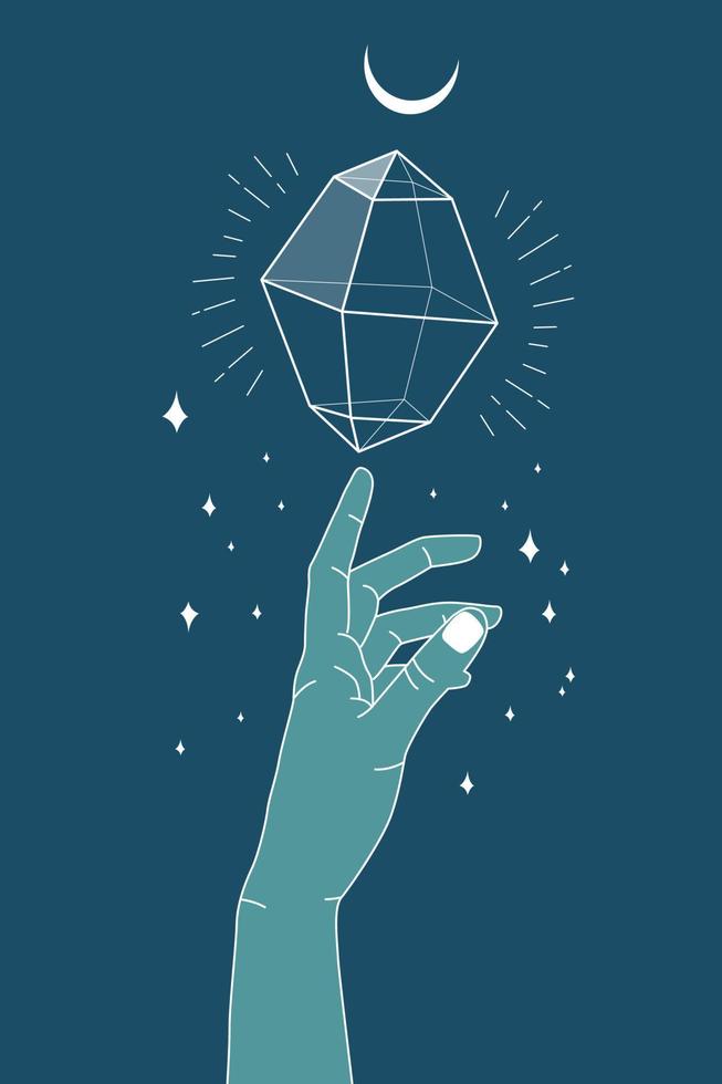 Hand reaching for the crystal gem outline illustration. Magic crystal concept. Modern vector illustration. Transparent line art gem with leaf and stars. Minimalistic design for web.