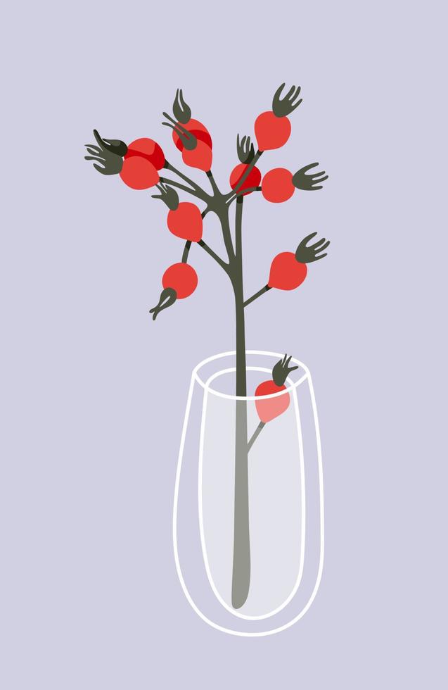 Glass vase with rose hip branch in it. Hand drawn floral illustration. Home decor concept. Modern flat drawing for logo, pattern, web and app design. vector