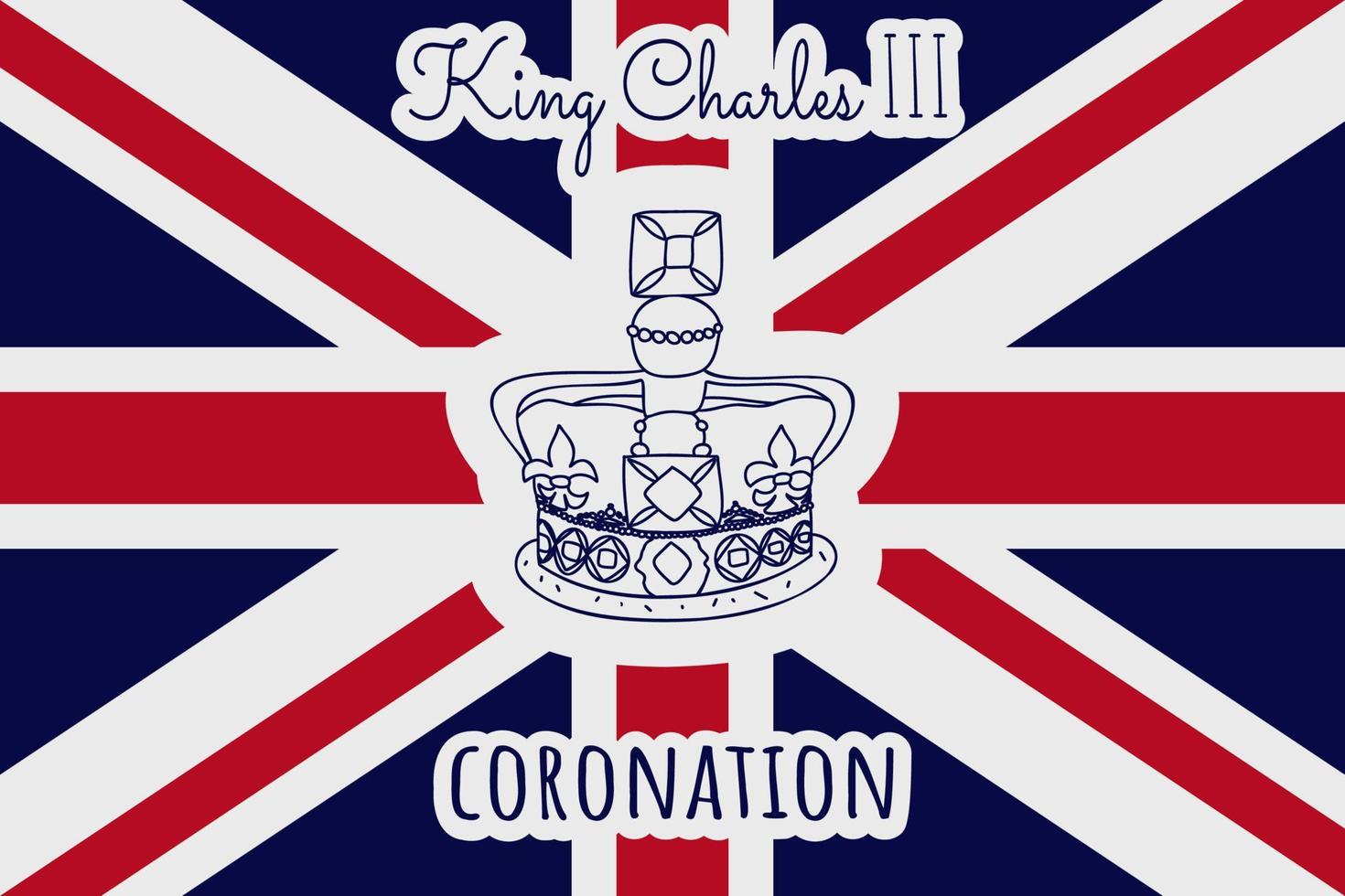 Texto de la coronación del rey Carlos III. corona de eduardo. fondo de la bandera británica. ilustración vectorial vector