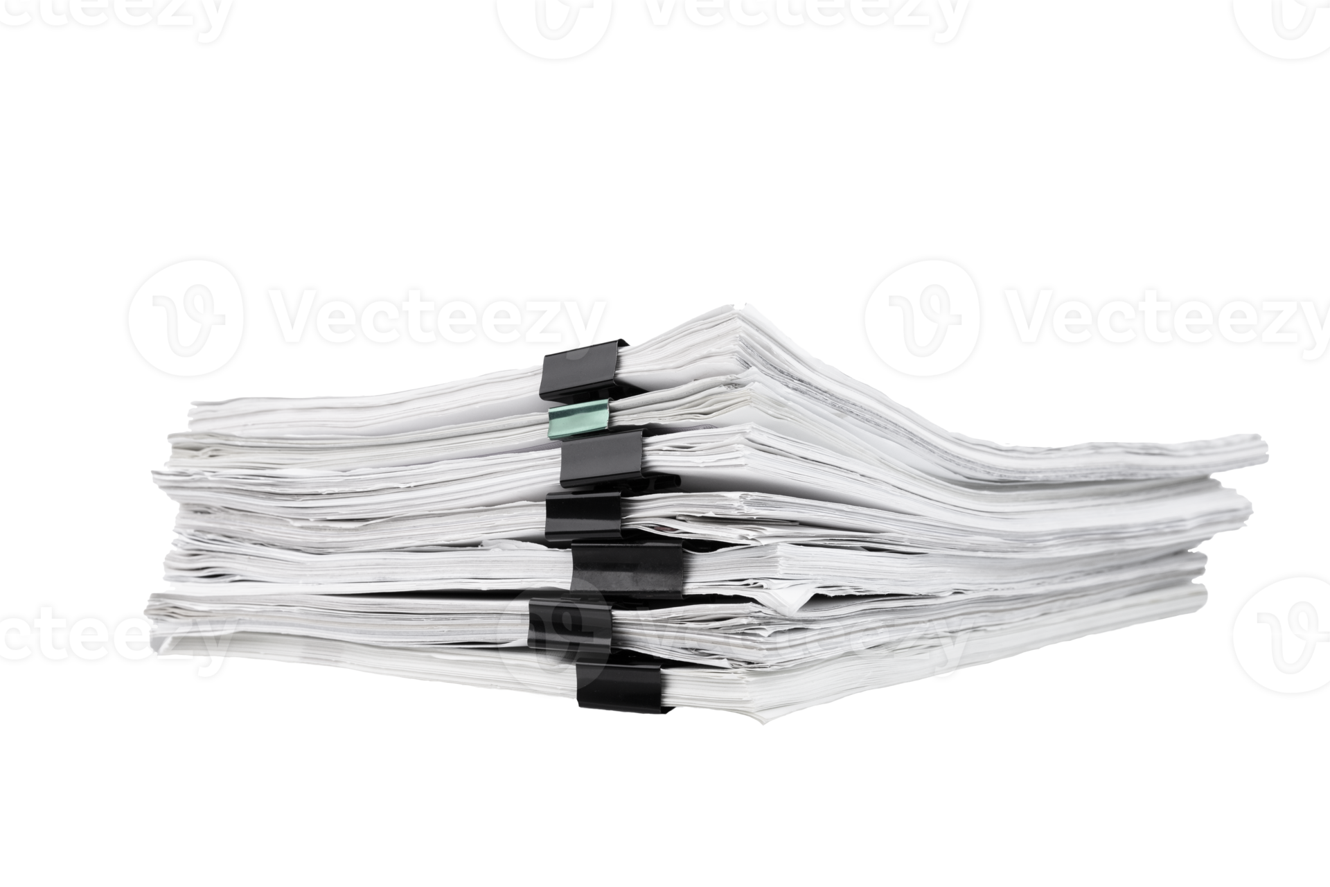 Stack of papers with paper clips, office folders. Transparent