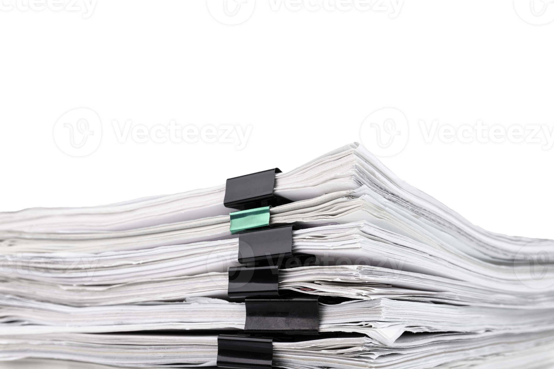 Stack of papers with paper clips, office folders. Transparent