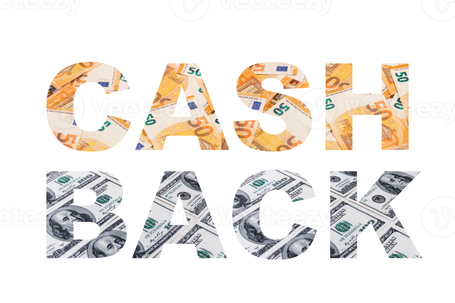 CASH BACK, the creative text is written on EUR and USD bills on a Transparent background. PNG. png