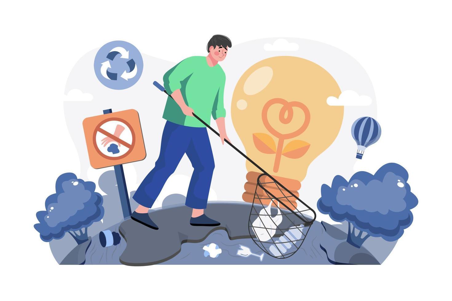 Man With A Net Catches Floating Plastic From The River vector