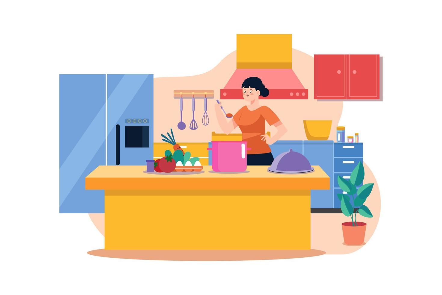 Girl Cooking Food At The Kitchen Desk vector