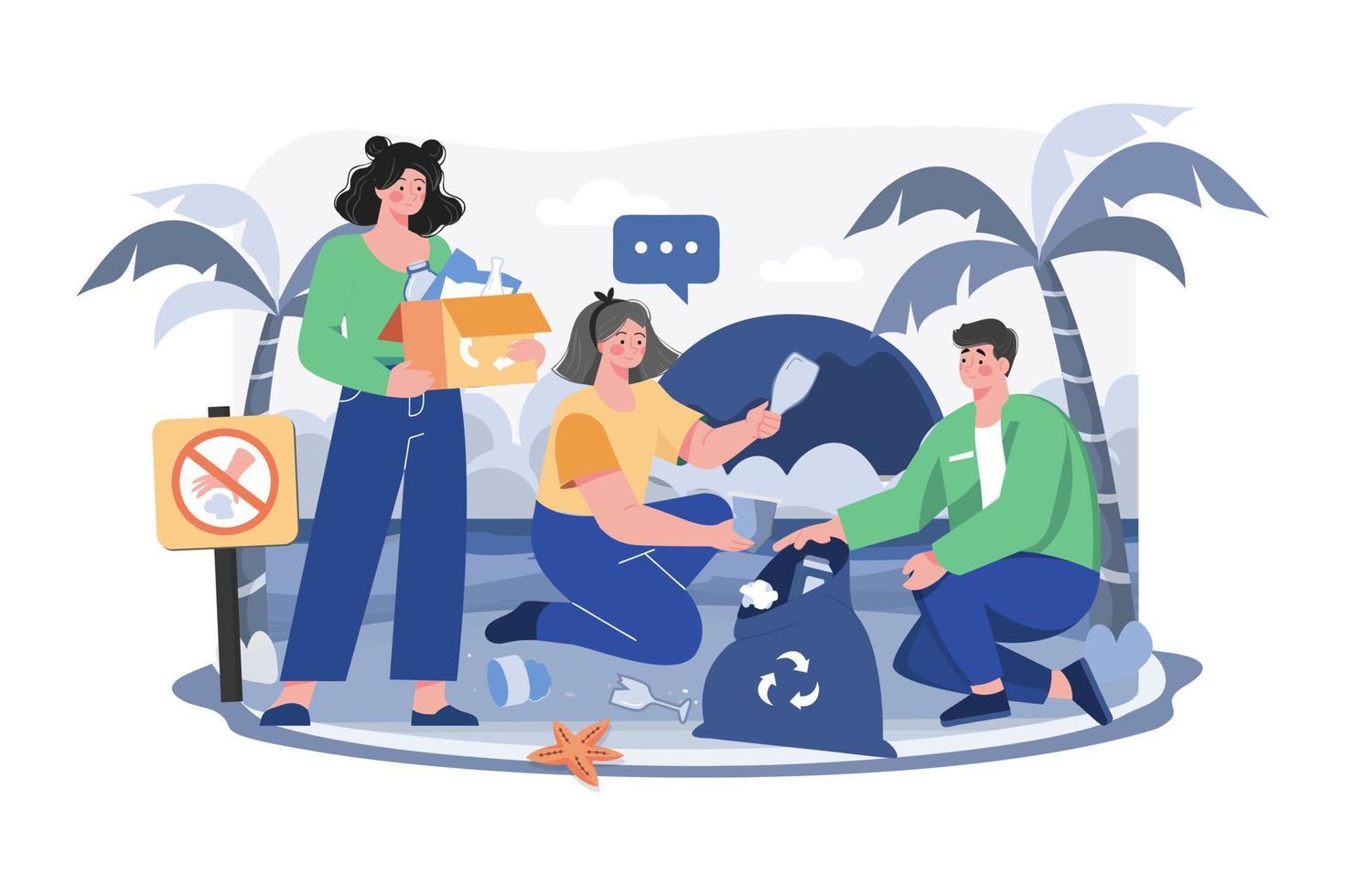 People Are Cleaning Up Trash On The Beach vector