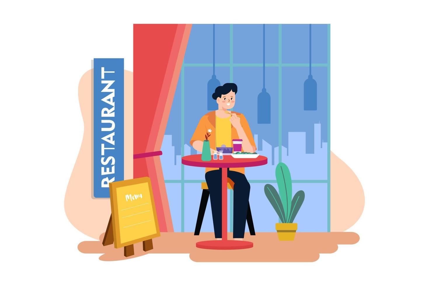 Man Sitting In A Restaurant And Eating Food vector