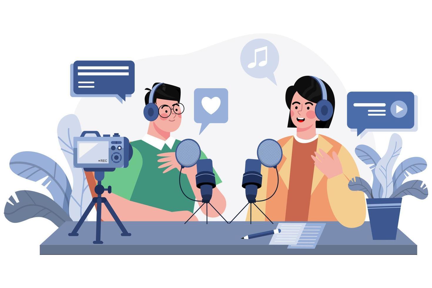 Man And Woman Recording A Podcast Conversation vector