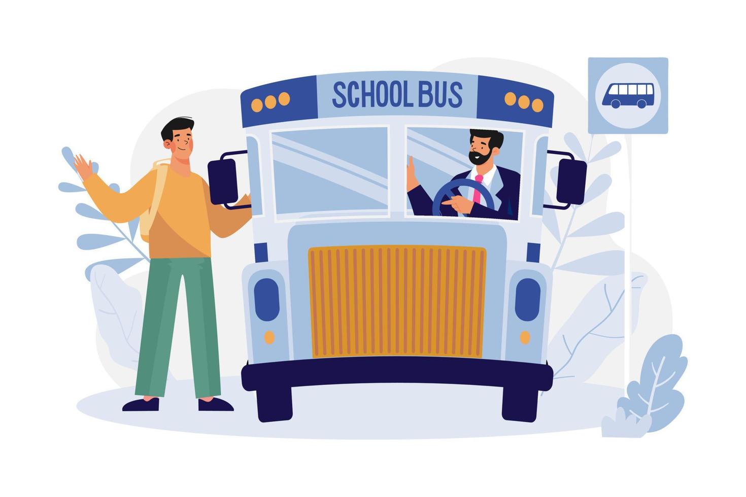 Boy Getting Into The School Bus vector