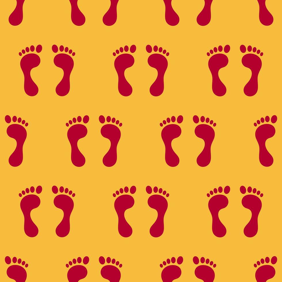 Female's red footprint. Newly married woman's red footprint. Happy dhanteras, goddess lakshmi footprint seamless pattern isolated on yellow background. vector