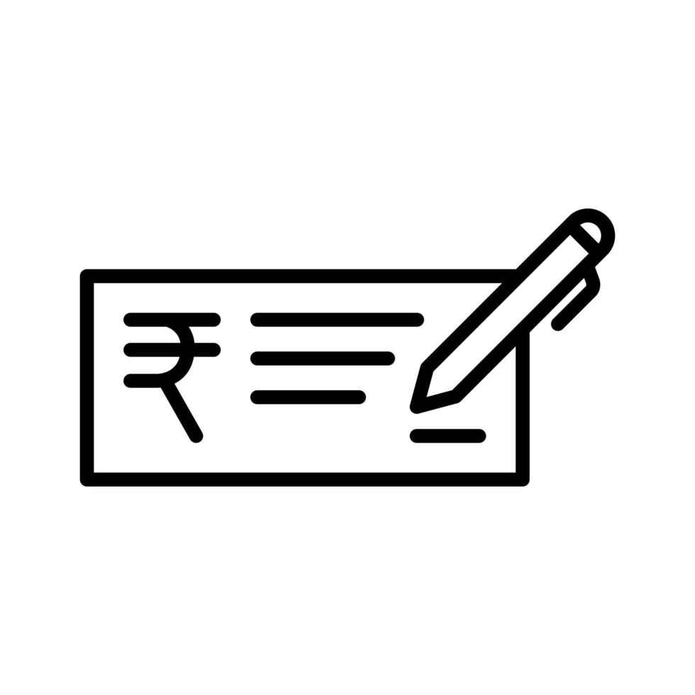 instrumento de cheque, cheque de dinero con icono de símbolo de rupia india en diseño de estilo de línea aislado en fondo blanco. trazo editable. vector