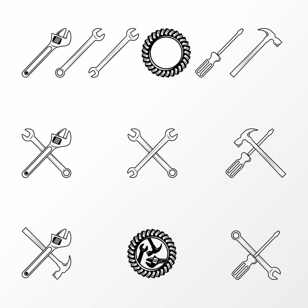 Simple and unique mechanical equipment like gear, hammer, screwdriver, and wrench image graphic icon logo design abstract concept vector stock. Can be used as a symbol related to machine or tool.