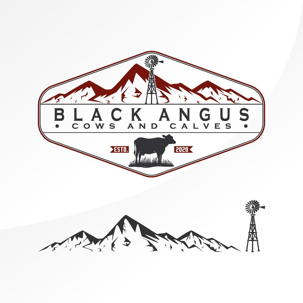 Simple and unique mountain, windmill, cow, and grass image graphic icon logo design abstract concept vector stock. can be used as corporate symbol or relating to mountain terrain