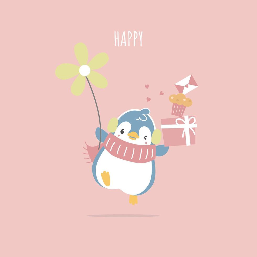 lindo y encantador pingüino dibujado a mano con regalo y cupcake con corazón, feliz día de San Valentín, concepto de amor, diseño de vestuario de personaje de dibujos animados de ilustración vectorial plana vector