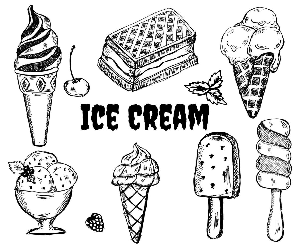 Hand drawn set of doodle with different ice cream types vector