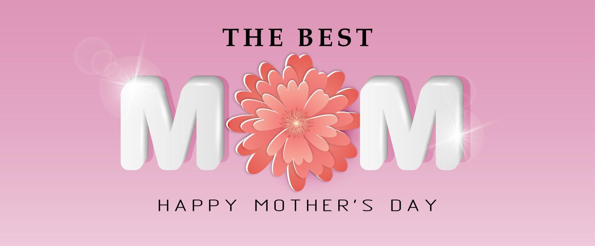 Mother's day greeting card. The best mom.  3d paper flowers on a pink background. Modern vector illustration