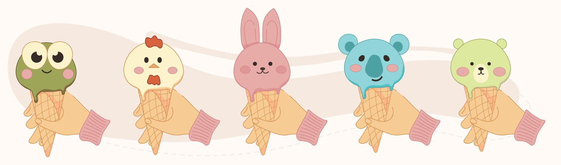 Hands holding ice cream set. Asian food animal-shaped ice cream chicken, frog, rabbit, koala, bear. Appetizer horizontal banner vector