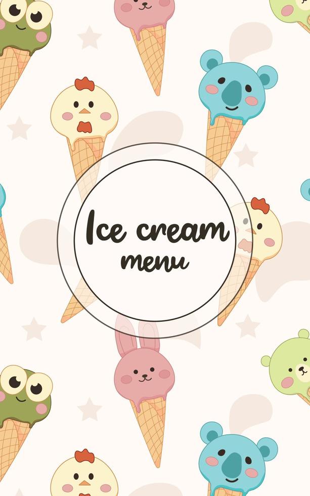 Ice cream menu banner with kawaii animals ice cream. Asian food vector banner template
