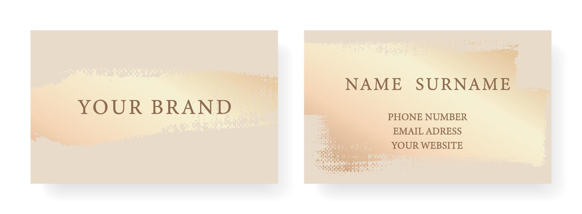 Business card with luxury. Creative art pattern with gold brush stroke, paint drop on beige background. Formal premium template for invitation design, Gift card, voucher or luxe name vector